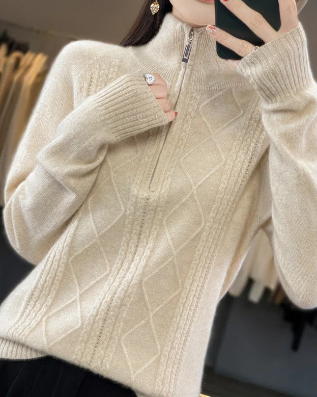 Wool turtleneck twisted stripe half-zip loose pullover sweater. Heavyweight, medium stretch — a thick, casual autumn winter knitwear top for women.