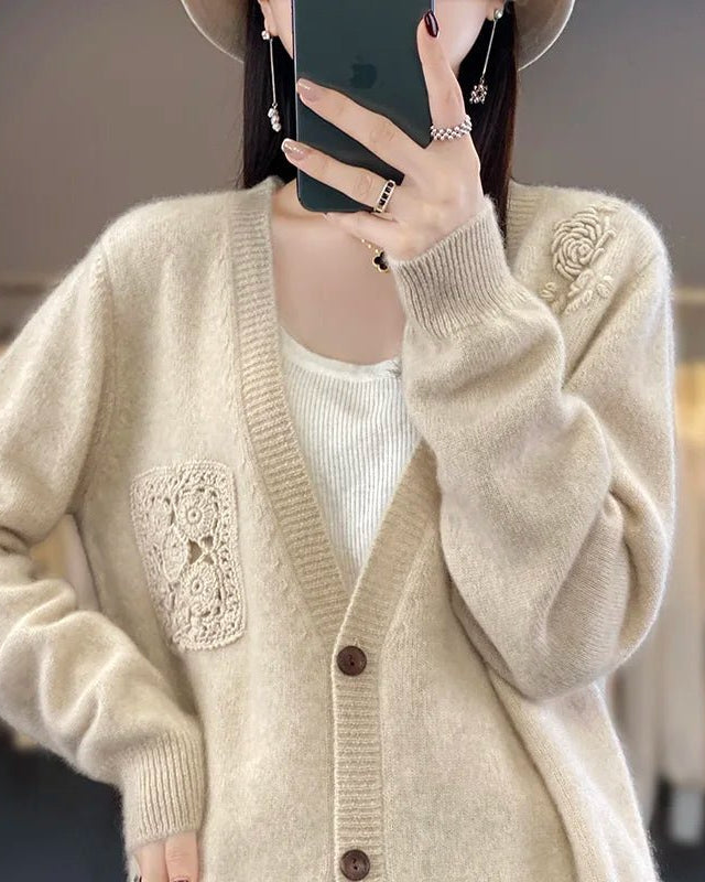 Crochet Merino Wool V-neck Cardigan