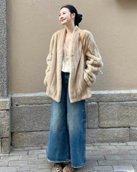 Faux Mink Fur Solid V-Neck Pocket Short Coat