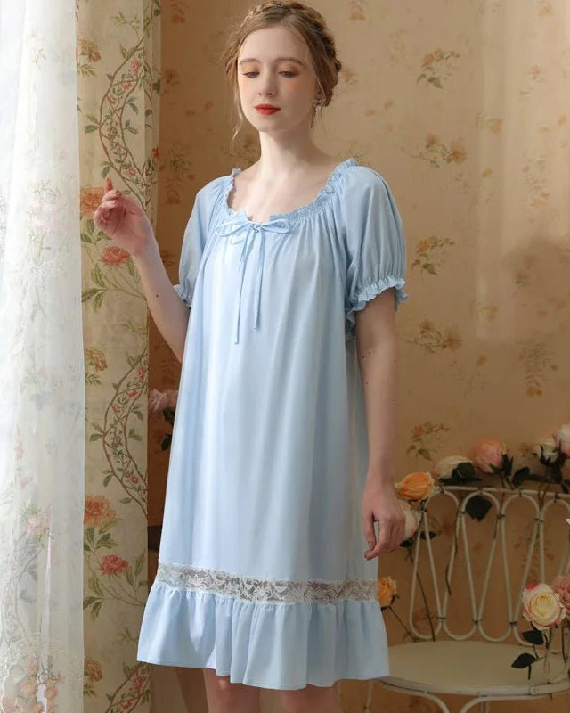 Cotton Short Sleeves Lace Nightdress