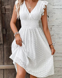 V-neck A-line beach dress with lace waist detail, flare sleeves and knee-length hem. Lightweight polyester — solid colour casual style for summer and holiday wear.
