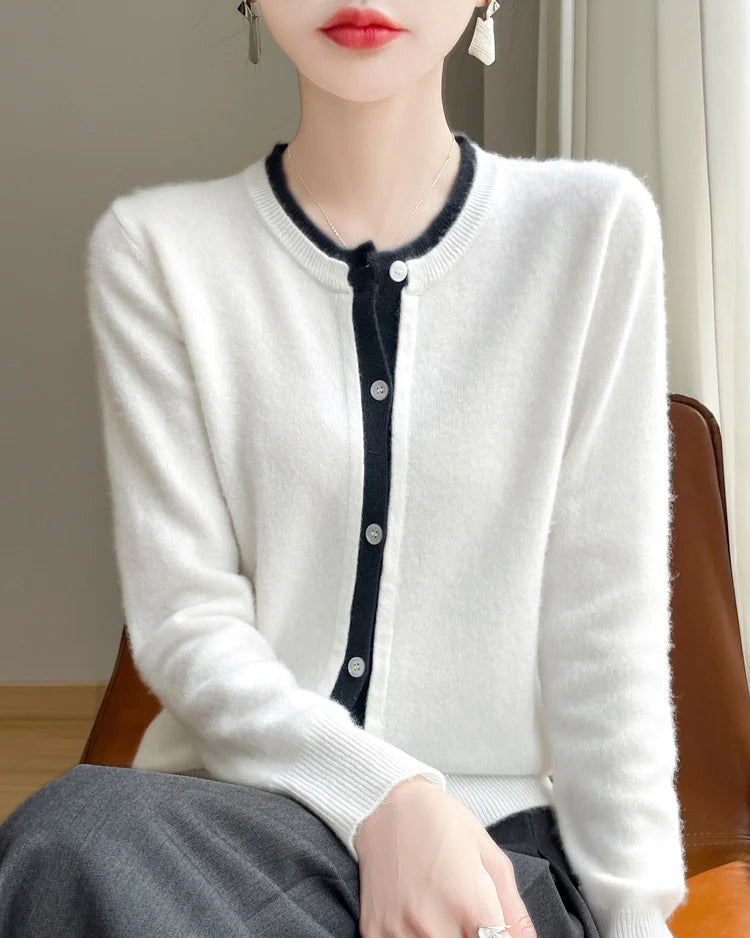 Merino Wool Solid O-Neck Button Knit Cardigan