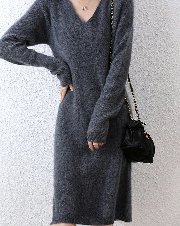 V-Neck Merino Wool Knitted Dress GentleHerd