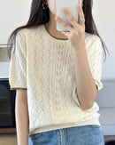 Pure Cotton Herringbone Knit Short-Sleeve T-Shirt