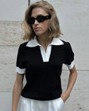 Polo Collar Colorblock Knit Top