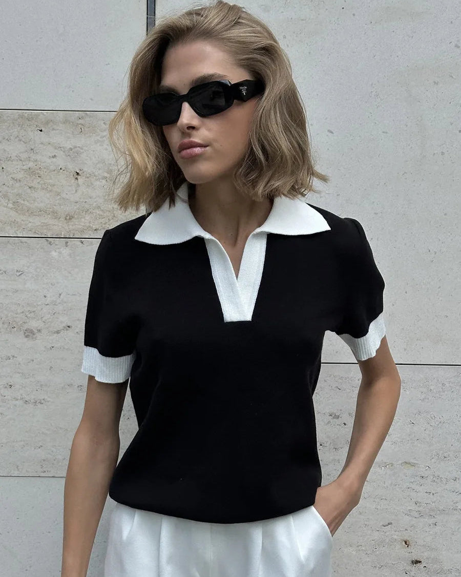 Polo Collar Colorblock Knit Top