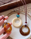 Vintage Resin Circle Pendant Rope Necklace