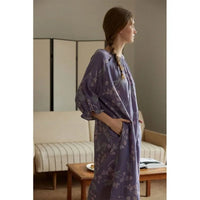 Cotton Purple Flower Print round Neck Nightdress