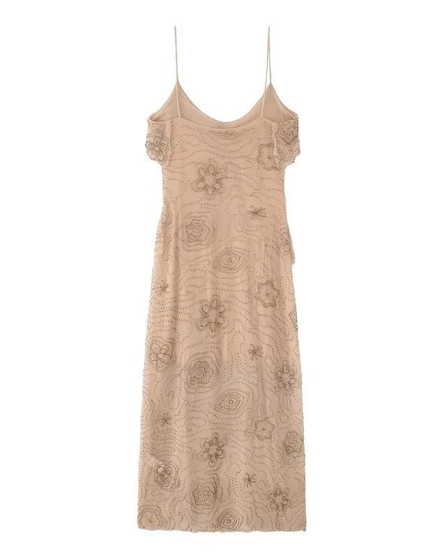 Beaded Halter Backless Ruffle Midi Dress