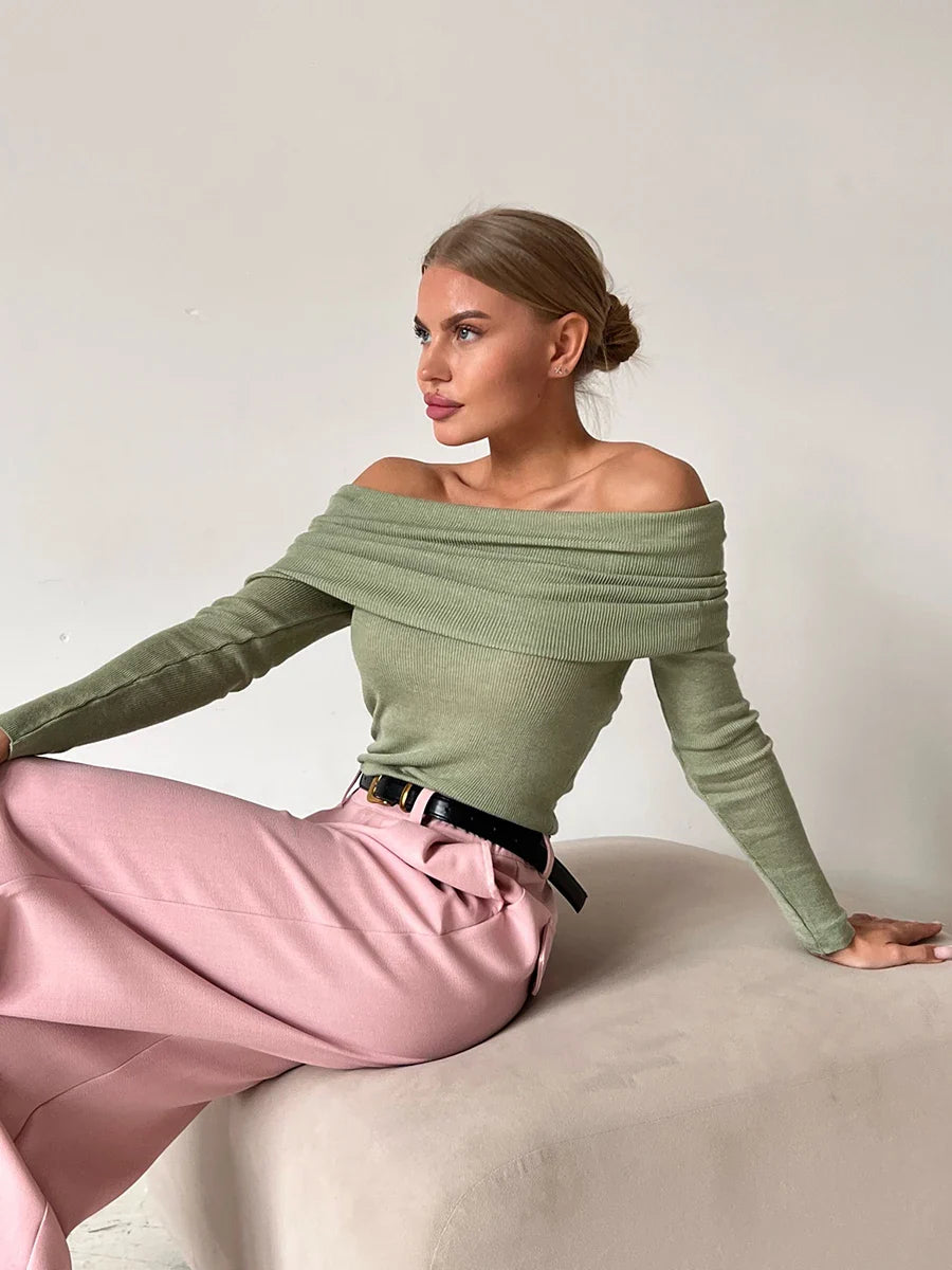Off Shoulder Slim Fit Knitted Pullover