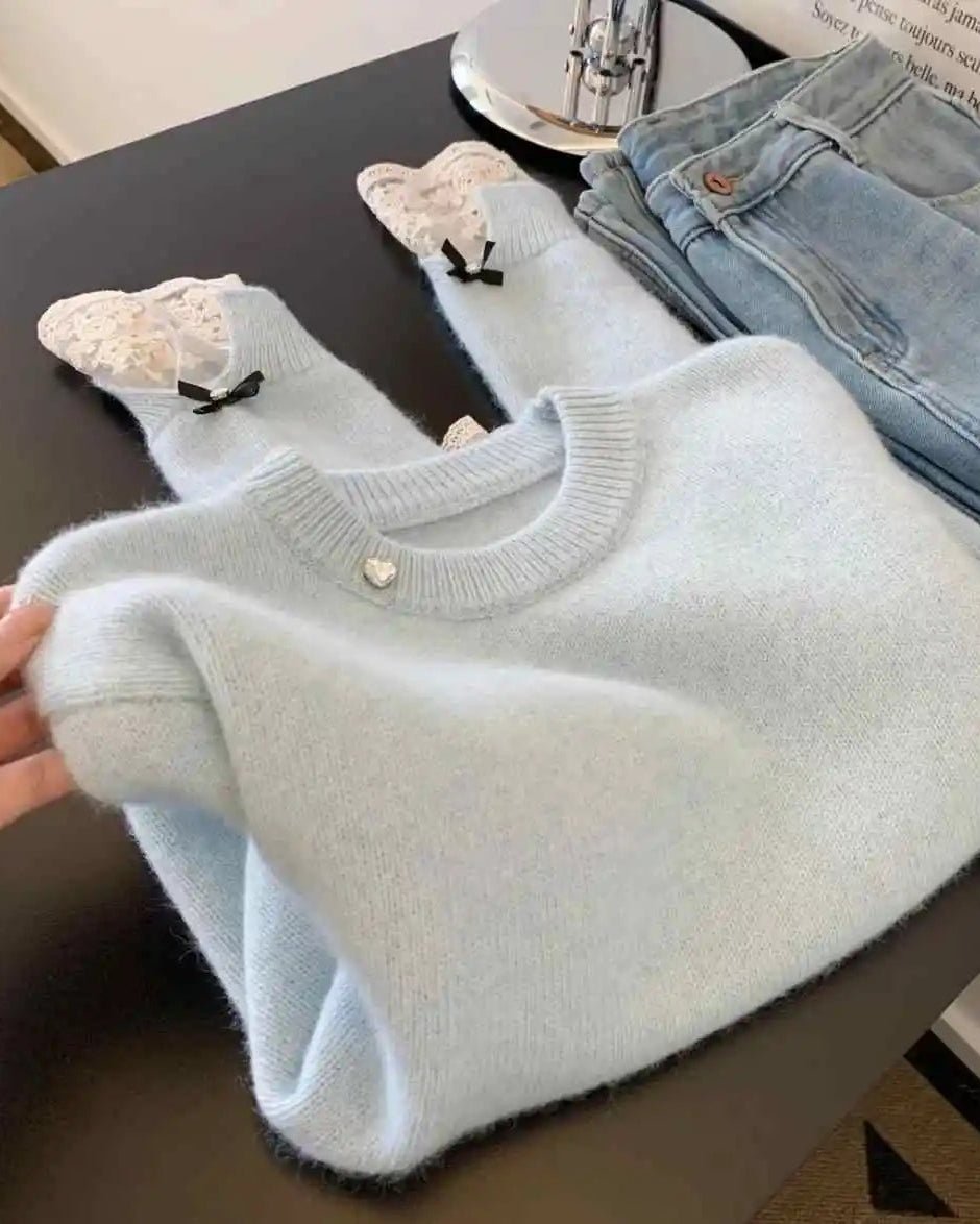 Lace-Paneled Faux Two-Piece Knitted Sweater