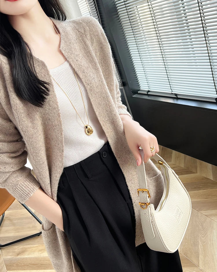 Merino Wool Dot Long Open-Front Cardigan