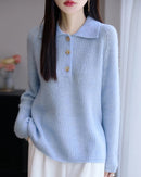 Merino Wool Hollow Polo Collar Loose Thick Knit Pullover