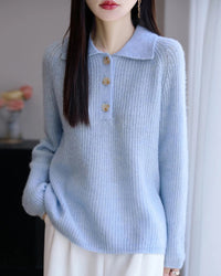 Merino Wool Hollow Polo Collar Loose Thick Knit Pullover