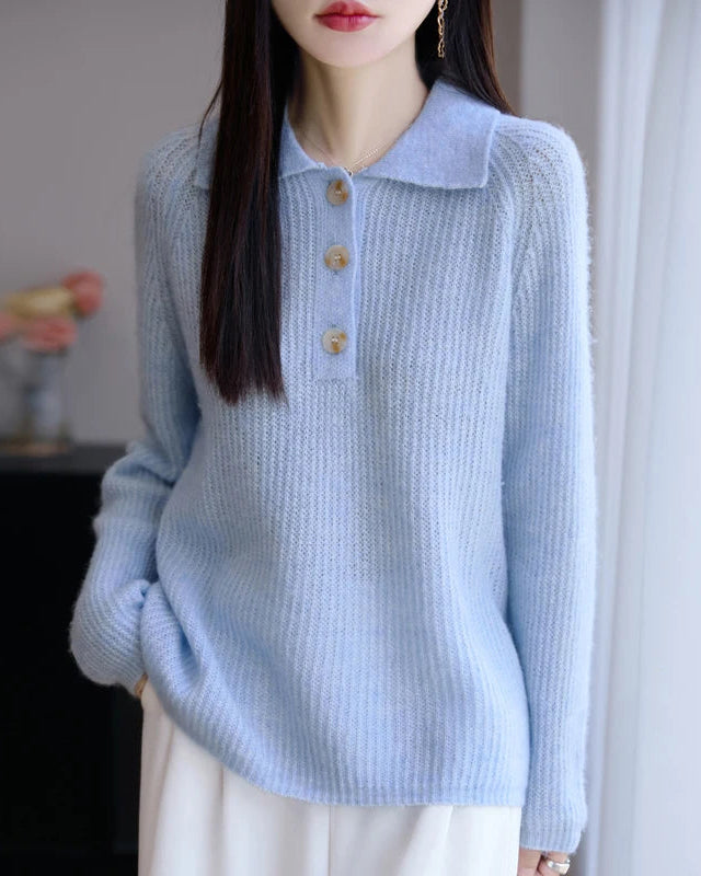Merino Wool Hollow Polo Collar Loose Thick Knit Pullover