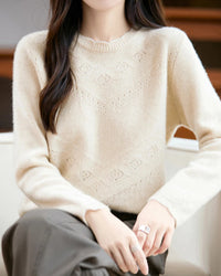 Pointelle Merino Wool Crewneck Sweater