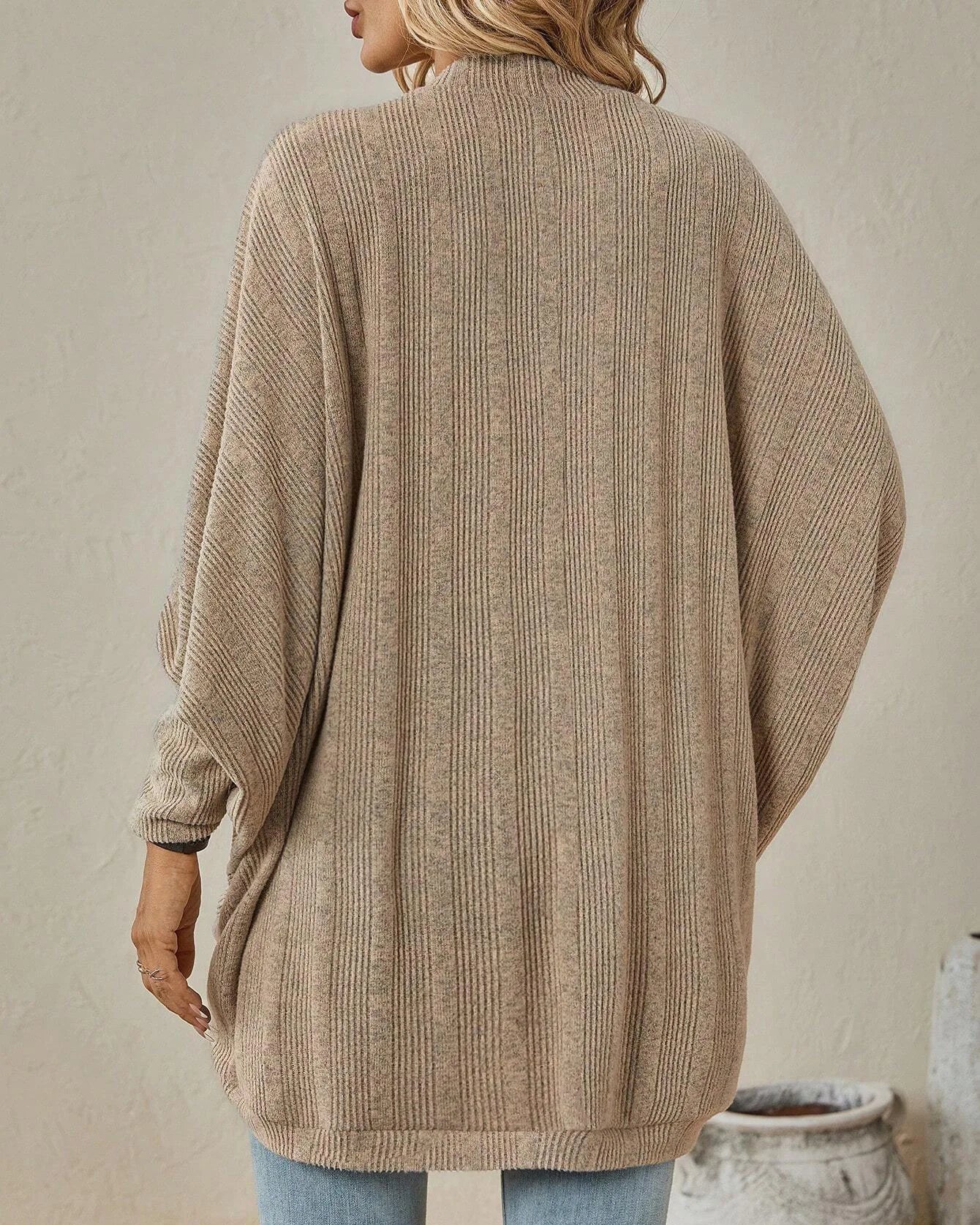 Solid Bat Sleeve Open-Front Loose Mid-Length Knit Cardigan