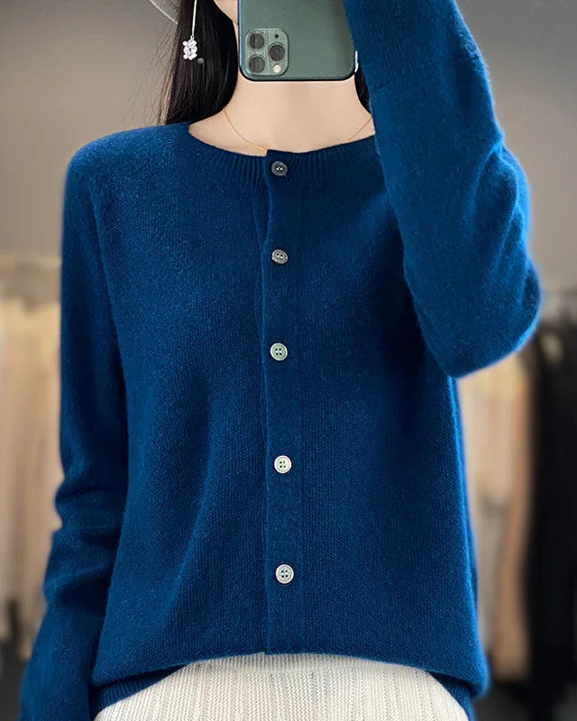 Wool O-Neck Seamless Single-Breasted Open Cardigan Sweater