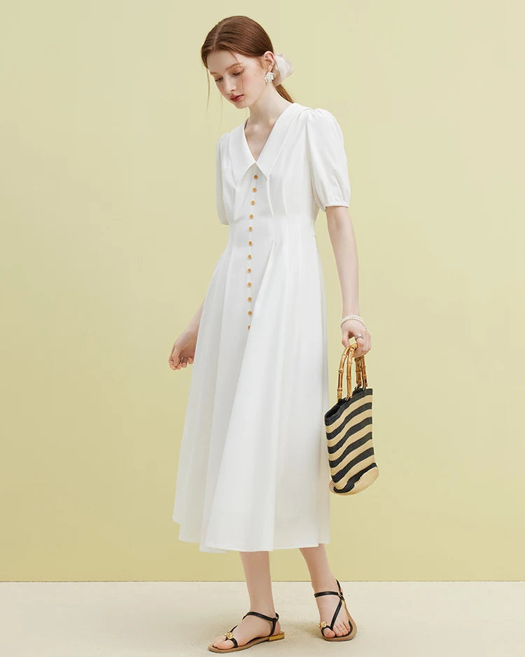 Solid Pleated Polo Neck Puff Sleeve Dress