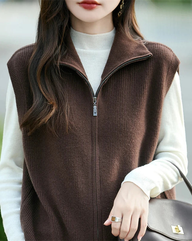 High-Neck Merino Wool Zip Vest
