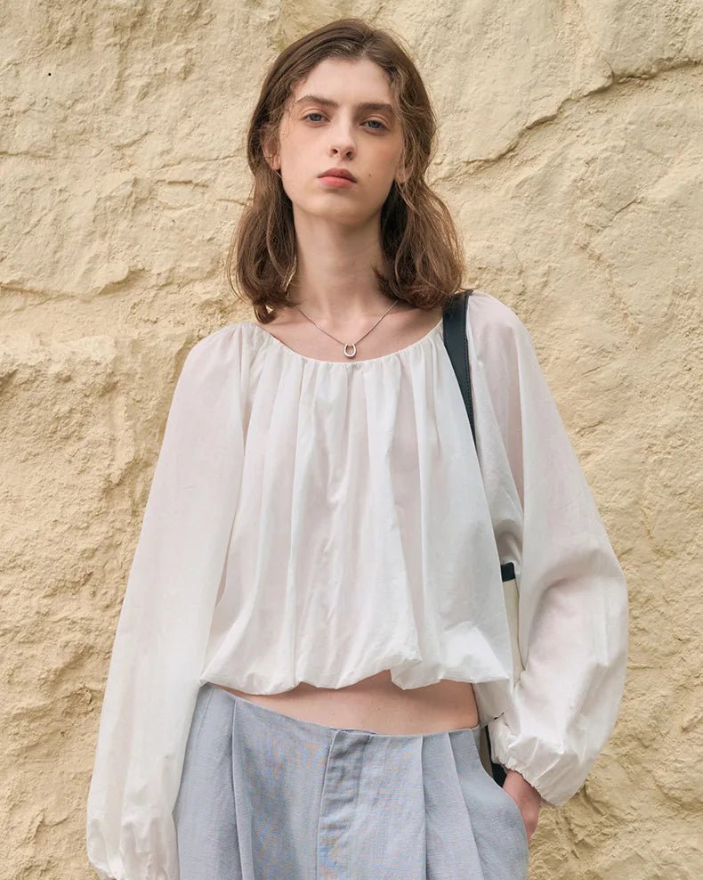Simple Round-Neck Blouse With Puff Sleeves