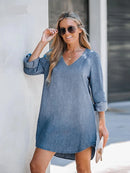 Denim V-Neck Long Sleeve Shift Mini Dress