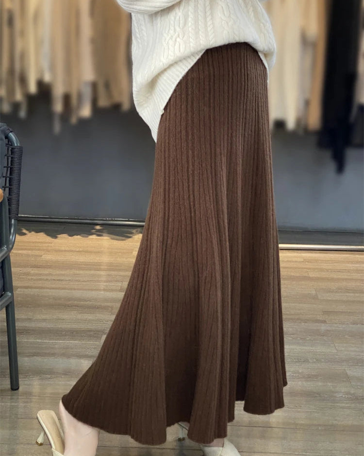 Merino Wool Pleated A-Line Maxi Skirt