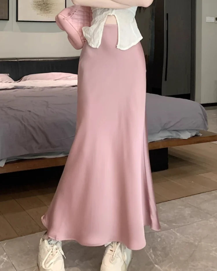 Satin High-Waist Midi Skirt