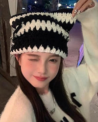 Striped Crochet Cat-Ear Beanie