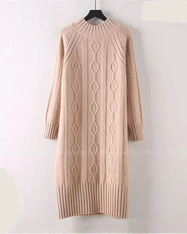 Thicken Mock-Neck Ribbed Knit Midi Sweater Dress