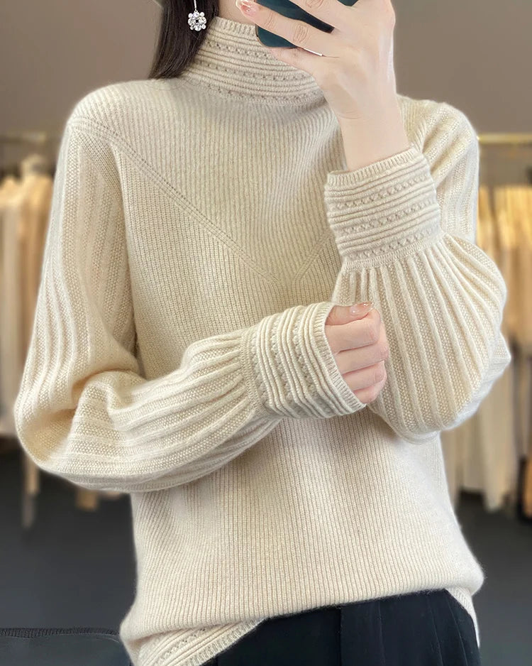 Wool Half-High Collar Lantern Sleeve Knit Pullover