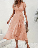 Floral Print V-Neck Lace-Up Flare Sleeve Midi Dress