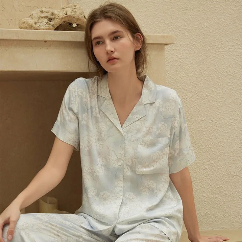 Satin Printed Short-sleeved Shirt & Pants Pajama Set