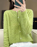 Merino Wool Round Neck Hollow Leaf Knit Cardigan Sweater