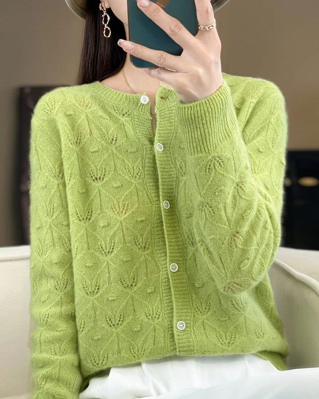 Merino Wool Round Neck Hollow Leaf Knit Cardigan Sweater