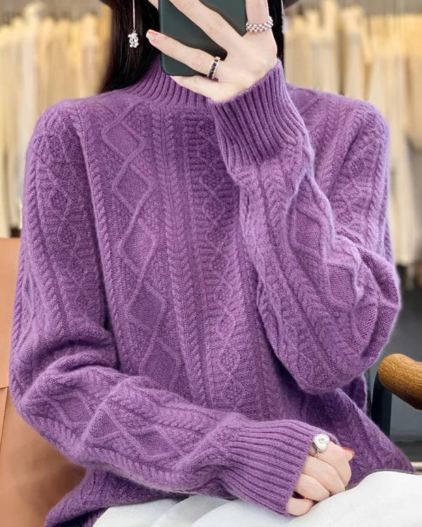 Diamond-Knit Wool Mock-Neck Sweater
