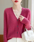Wool V-Neck Curled Twisted Hollow-Out Open Cardigan