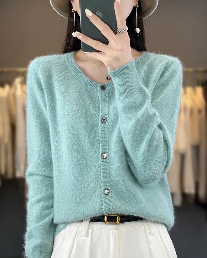 Mink Cashmere Crew Neck Cardigan Sweater
