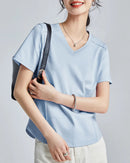 Knitted Mercerized Cotton V-Neck T-Shirt