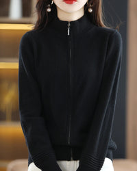 Merino Wool Solid Half-High Collar Zip Loose Knit Cardigan