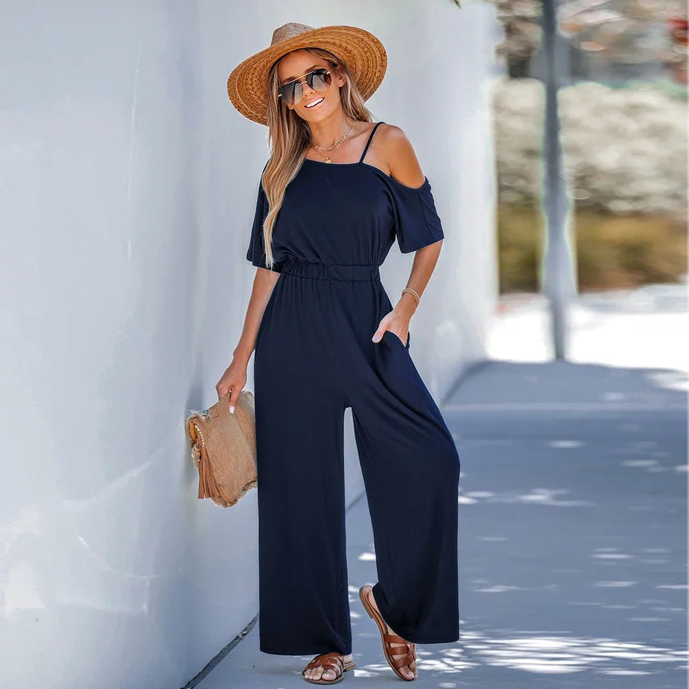 Open Shoulder Short Sleeve Wide Leg Jumpsuit