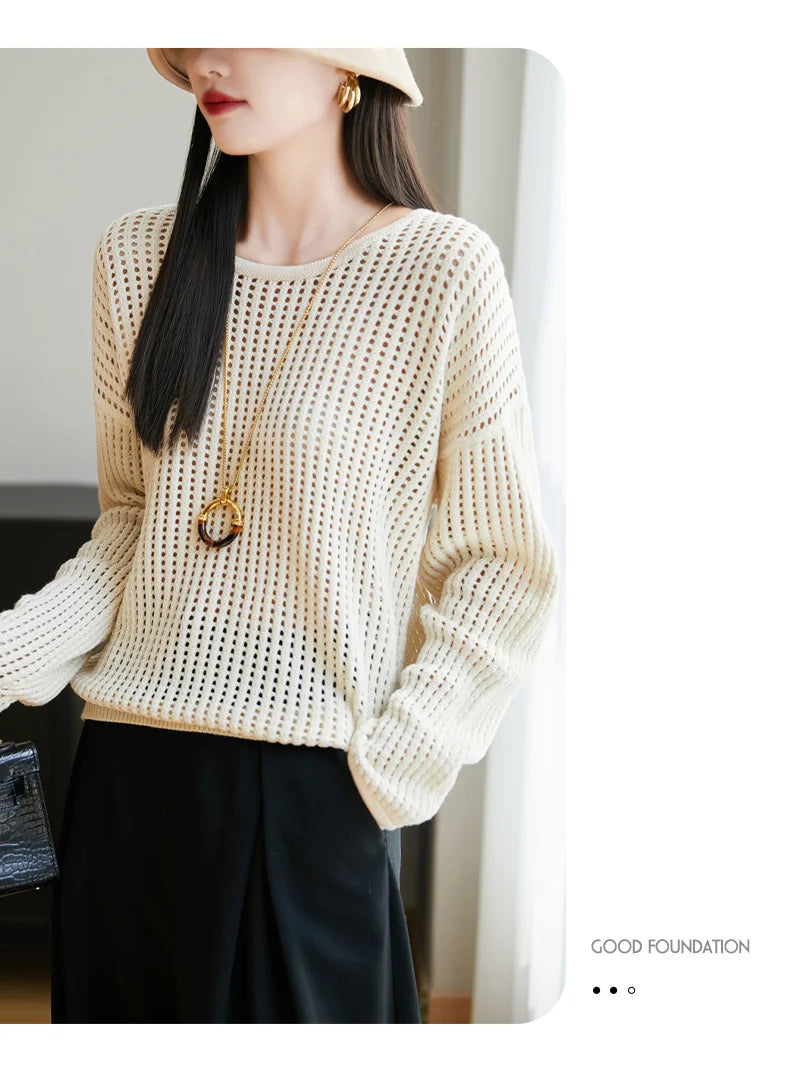 Pure Cotton Openwork Long-Sleeve T-Shirt