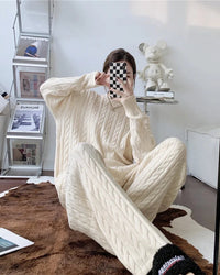 Cable knit pullover and high waist wide leg trousers two-piece set. High stretch and loose fit — an elegant office lady knitwear suit for women.