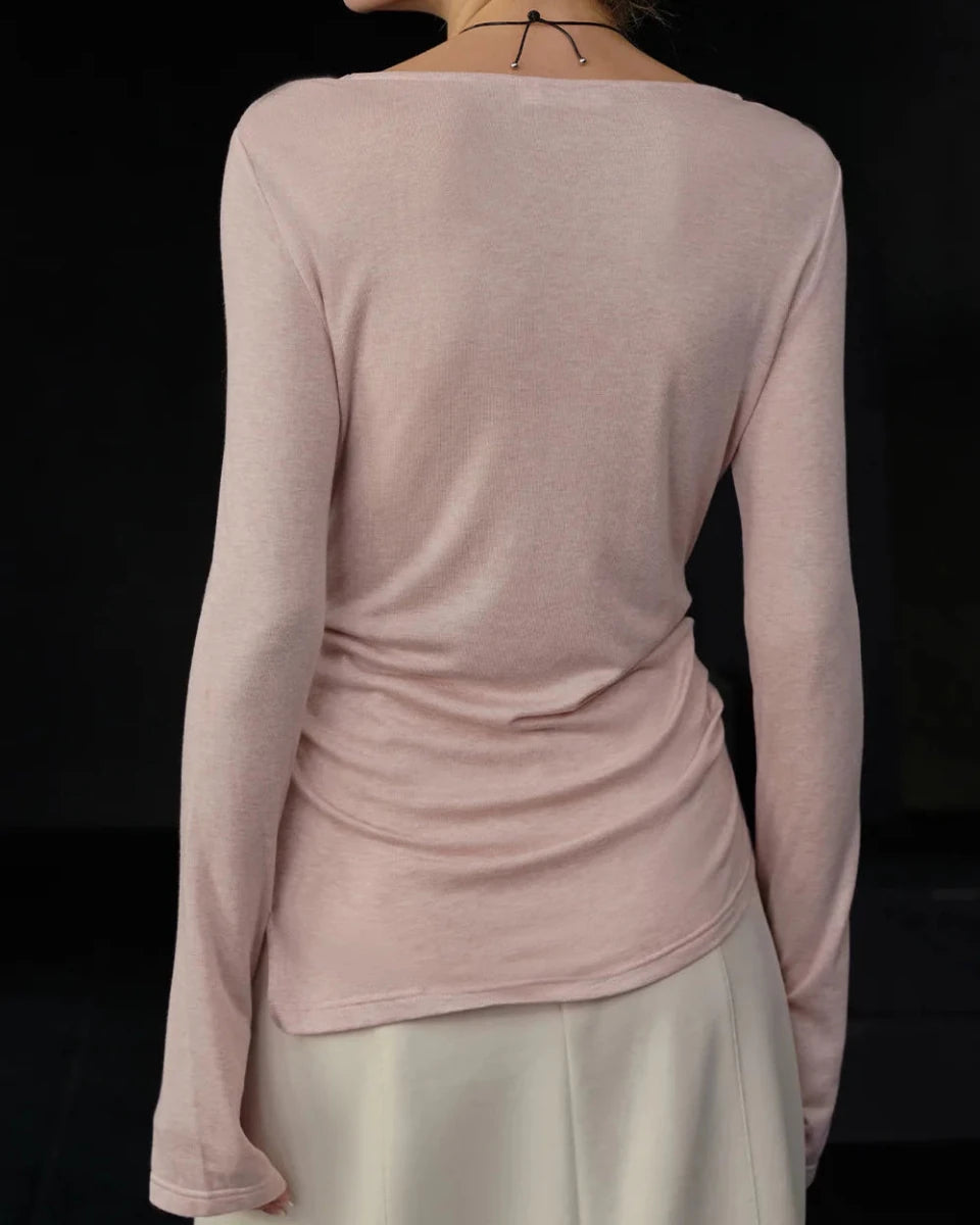 Crew Neck Long-Sleeved Irregular Slit T-Shirt