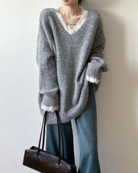 Soft V-Neck Lace-Trimmed Loose Knit Sweater