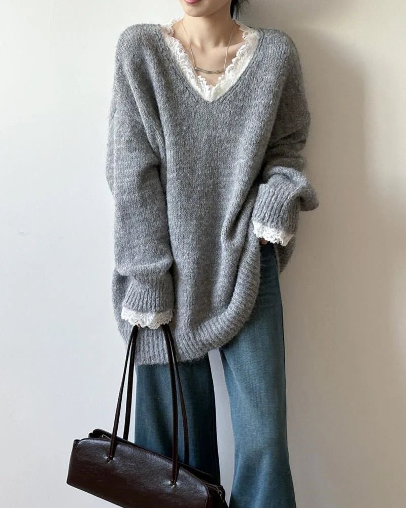 Soft V-Neck Lace-Trimmed Loose Knit Sweater