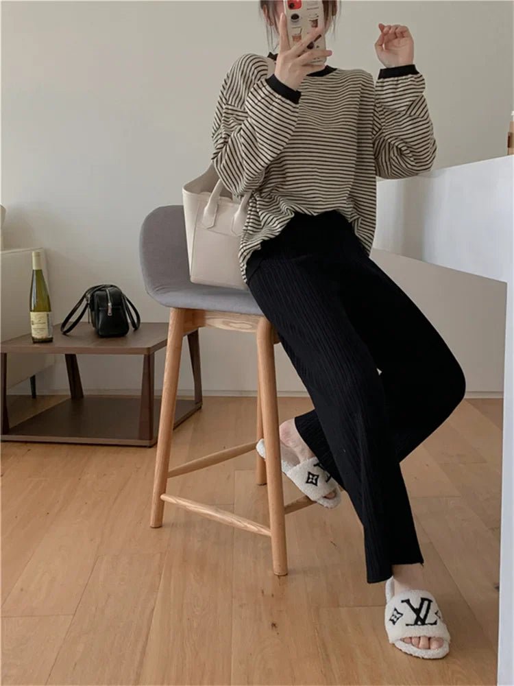 Drawstring Ribbed Knitted Wide Leg Sweatpants