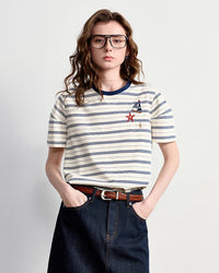 Women's Nautical stripe embroidered T-shirt featuring a slimming silhouette and sailboat motif, crafted from breathable cotton blend for coastal chic comfort from air-conditioned malls to resort poolside outings.