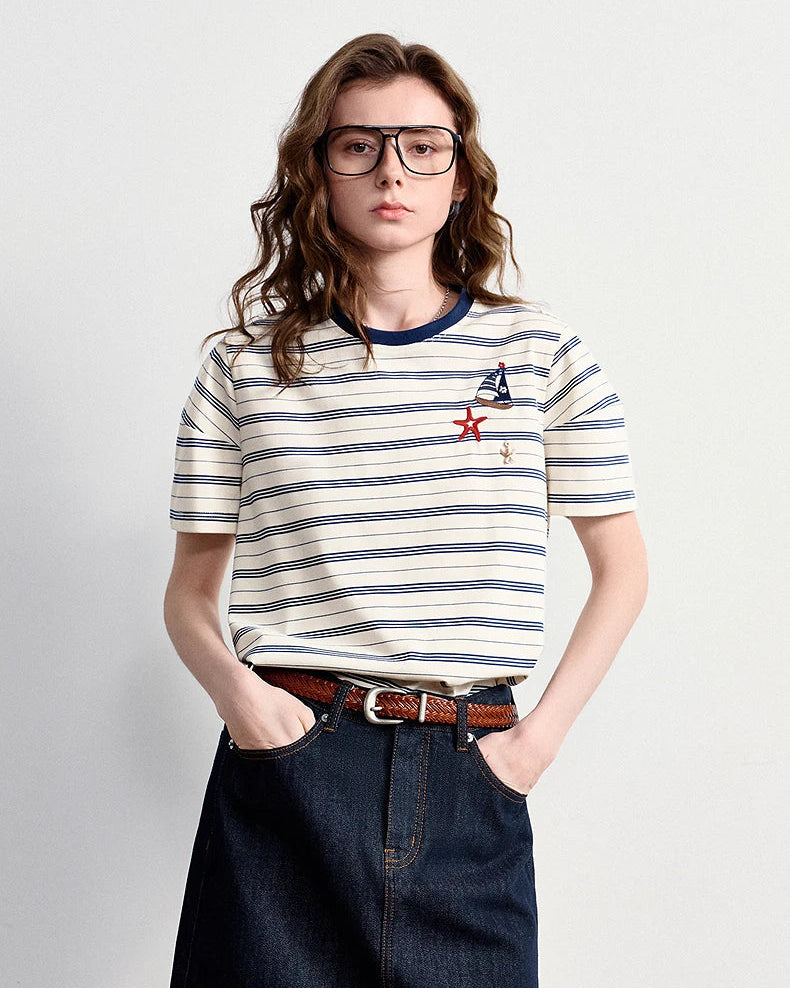 Women's Nautical stripe embroidered T-shirt featuring a slimming silhouette and sailboat motif, crafted from breathable cotton blend for coastal chic comfort from air-conditioned malls to resort poolside outings.