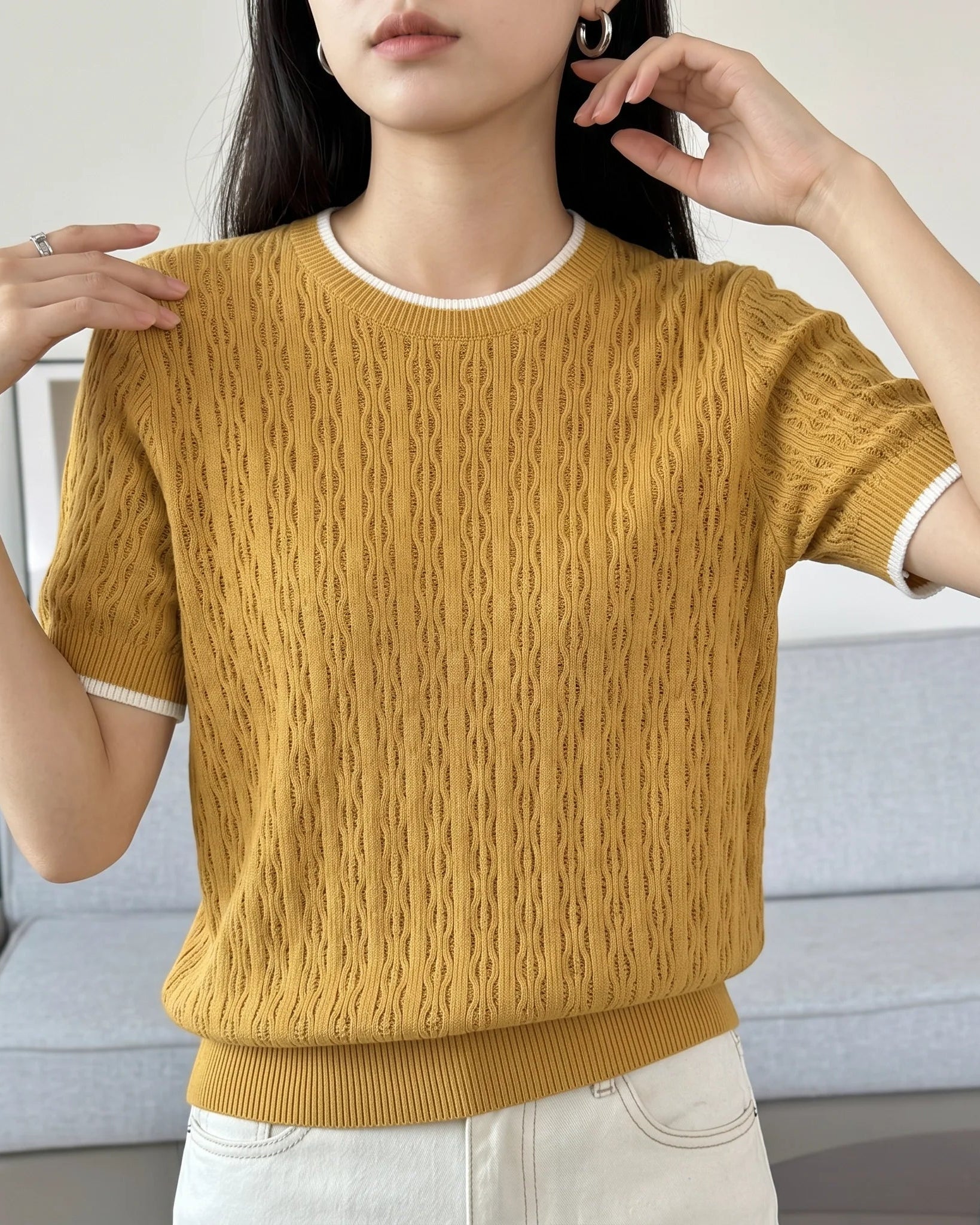 Hollow Knit Cotton Short Sleeve Top